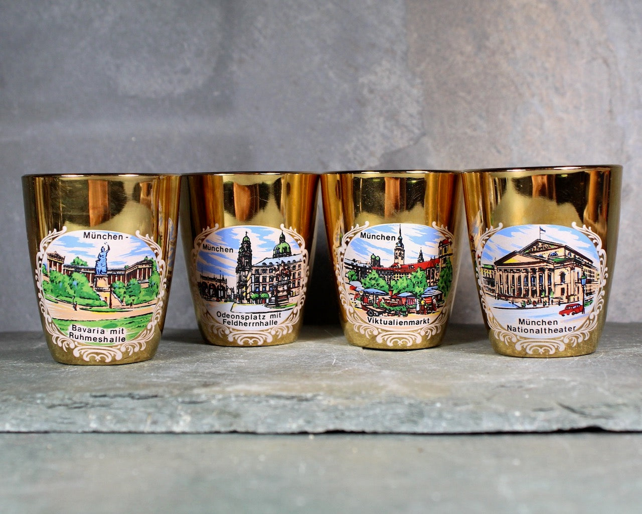 Set of 4 Mid-Century Munich Germany Shot Glasses | Gold Glassware | Mid-Century circa 1960s | 1 Oz Glasses | Bixley Shop