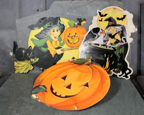 Vintage 9" Cardboard Halloween Decorations | Set of 3 | 1970s/80s Halloween | Halloween Witch & Jack-O-Lantern | Kids' Halloween Decor