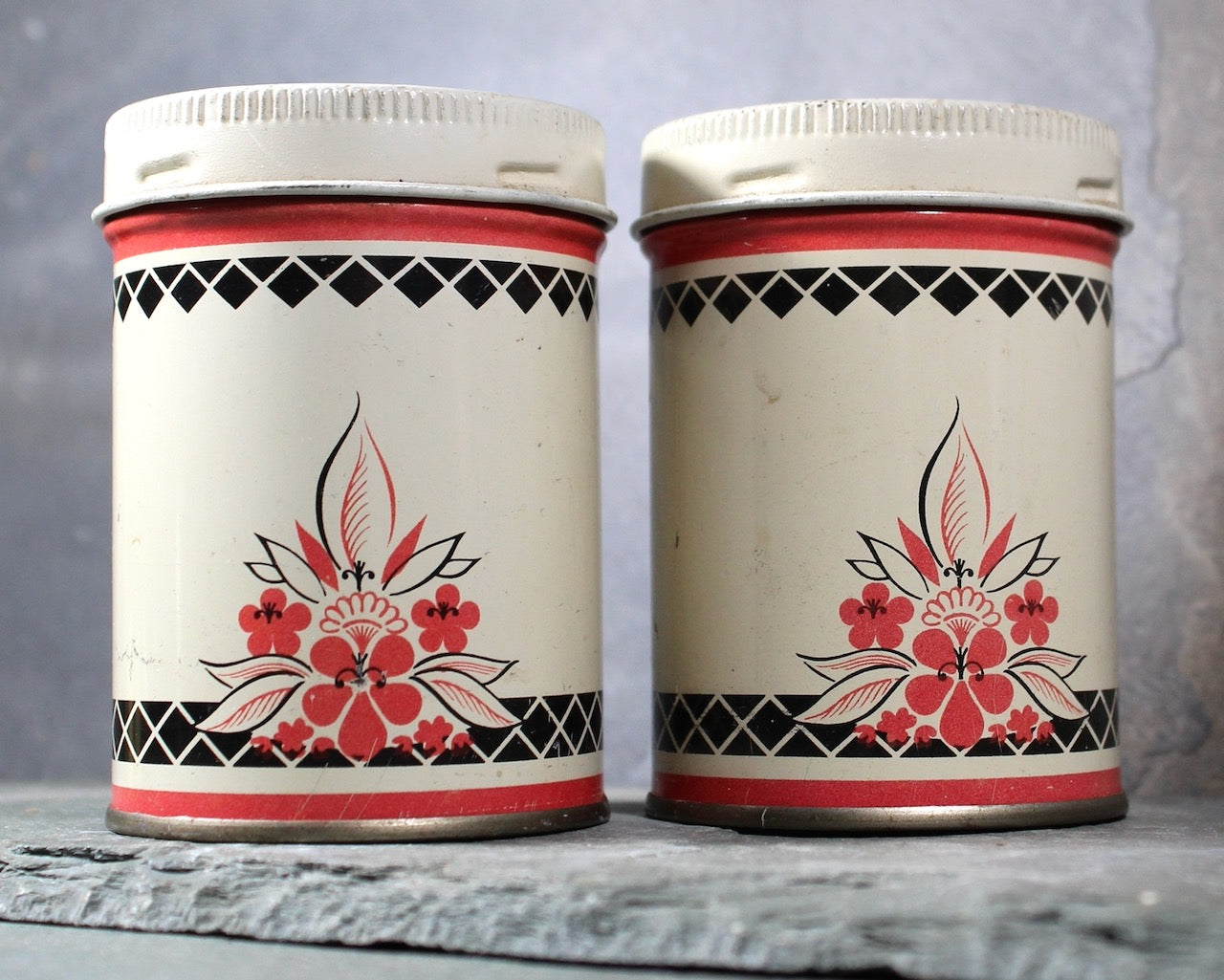 Mid-Century Declare Kitchen Shakers | Set of 2 Decoware Tin Shaker Containers | Classic Kitchen Kitsch | Bixley Shop