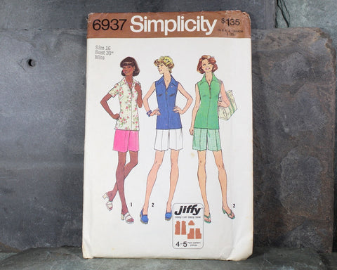 1975 Simplicity #6937 Shorts & Tops Pattern | Complete, Uncut, Factory Folded Pattern in Original Envelope | Woman Size 16 | Bixley Shop