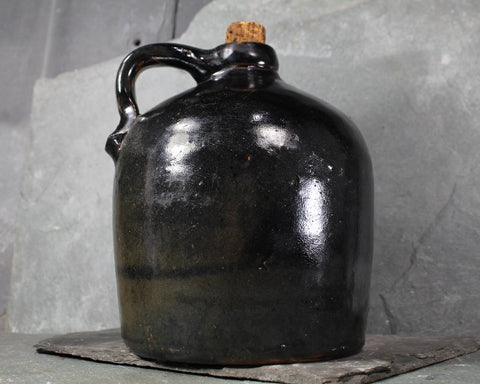 ANTIQUE Stoneware Jug with Cork Stopper | Classic Clay Jug with Black Glaze | Rustic Jug | Bixley Shop