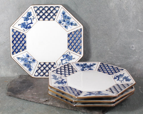 Set of 4 Octagonal Luncheon Plates | Cherry Blossom 7" Plates in Blue and White | Bixley Shop