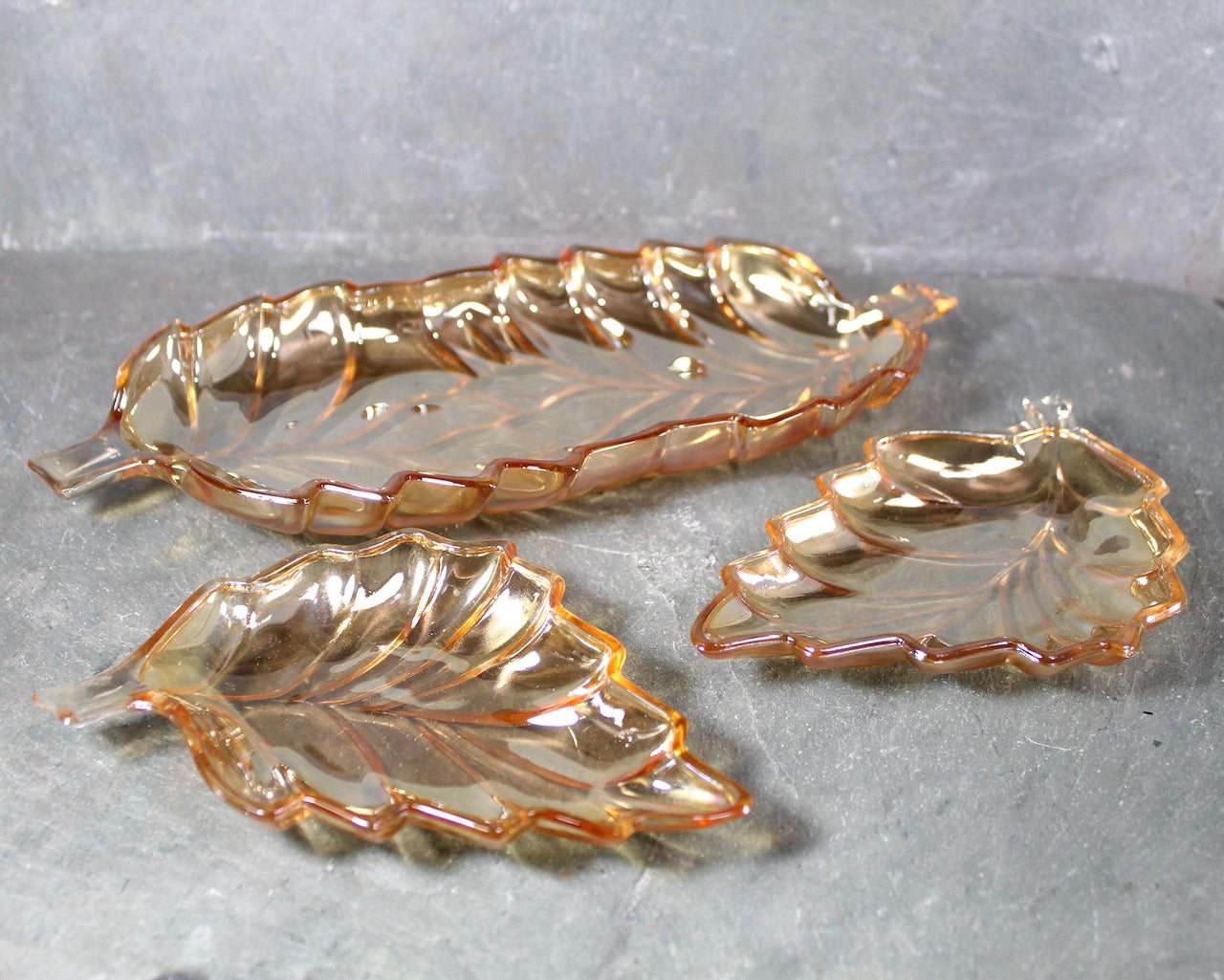 Set of 3 Amber Glass Leaf Dishes | Vintage Autumn Glass Serving Dishes | Halloween Table | Thanksgiving Table | Bixley Shop