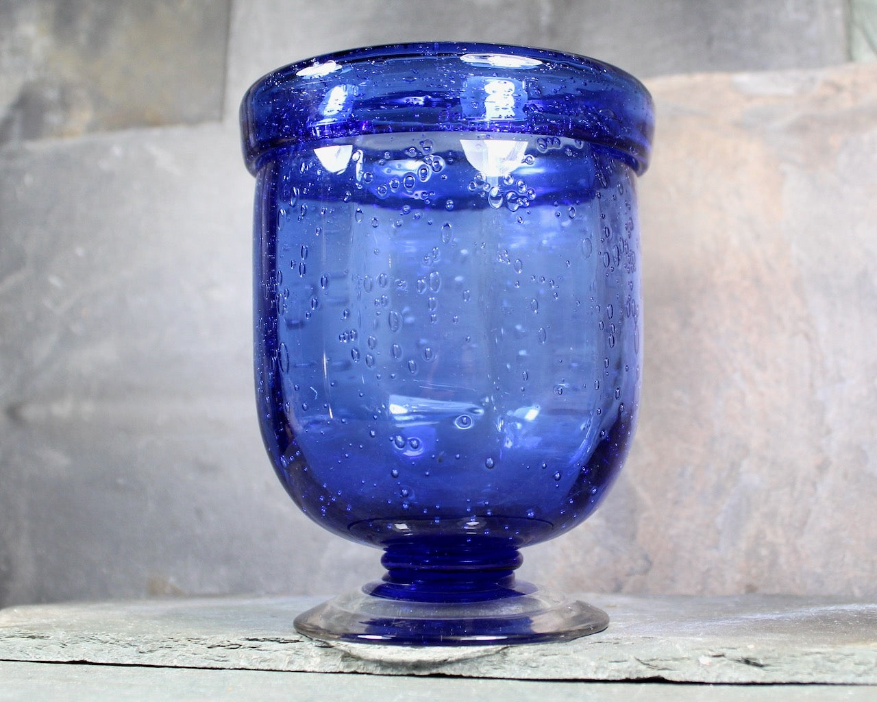 Blown Glass Wide Mouth Pedestal Vase | Cobalt Blue Glass with Bubbles | Bixley Shop