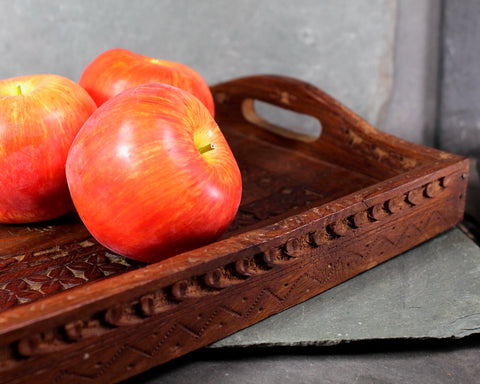 Vintage Carved Wooden Tray with Brass Inlay | Hand Carved Wooden Tray | Holiday Decor | Thanksgiving Decor | Bixley Shop