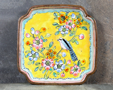 Antique Enamel Trinket Dish | Yellow and Blue Enamel Bird Coaster | Vintage Soap Dish | Vintage Asian Decor | Bixley Shop