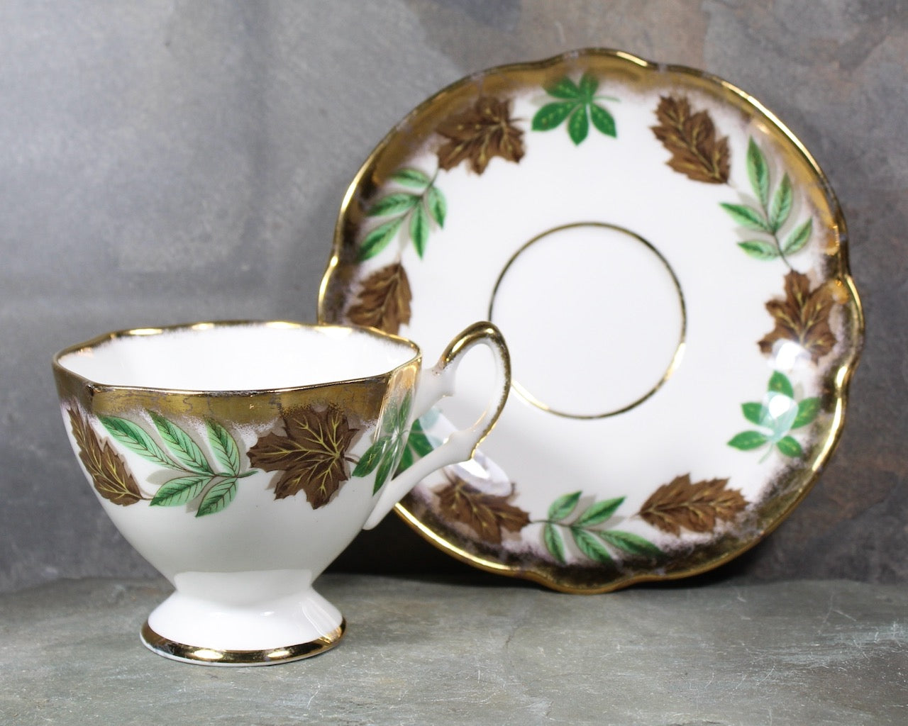 Salisbury Tea Cup & Saucer | English Bone China Tea Cup | Autumn Leaves and Gold Accents | Bixley Shop