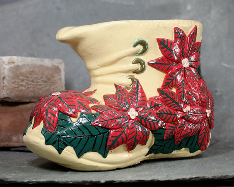 RARE! Vintage Ceramic Santa Boot Planter with Poinsettia Motif | Circa 1970s/1980s | Vintage Christmas Decor | Bixley Shop