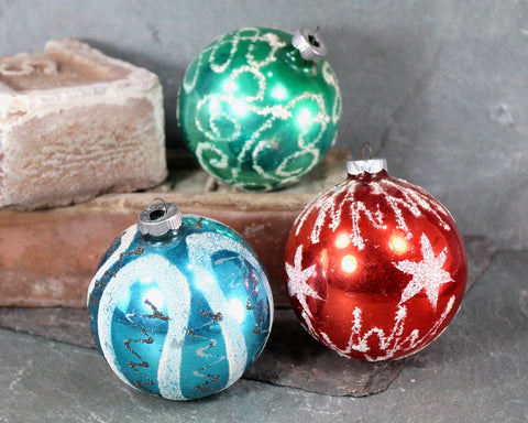 Vintage Glittered Christmas Ornaments | Set of 3 Made in West Germany | 3" Glass Balls | Vintage Christmas Ornaments | Bixley Shop