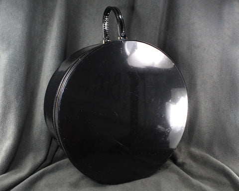 Truly Light Black Patent Leather Round Travel Case / Circa 1960s | Chic Train Luggage | Vintage Travel Luggage | Bixley Shop