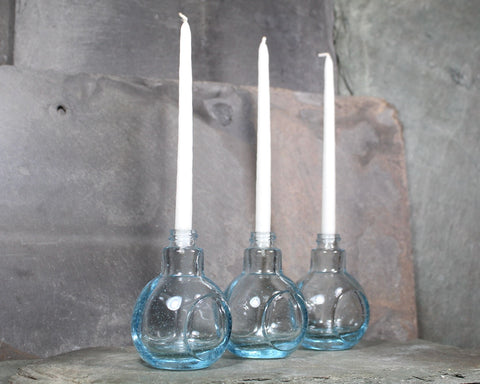 Set of 3 Mini Glass Candle Holders with Candles | Pale Blue Glass Bottles | Vintage Decor | Bixley Shop