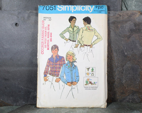 1975 Simplicity #7051 Cowboy Shirt Pattern w/ Embroidery Transfer | Complete, cut, pattern with transfer in Original Envelope|Bixley Shop