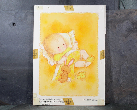 VERY RARE! ORIGINAL Gouache Painting by Artist Fran Ju | 1960s Original Rust Craft Greeting Card Art | Baby in Yellow with Bunny