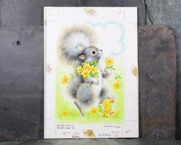 VERY RARE! ORIGINAL Gouache Painting by Artist Fran Ju | 1960s Original Rust Craft Greeting Card Art | Squirrel & Chick in Spring