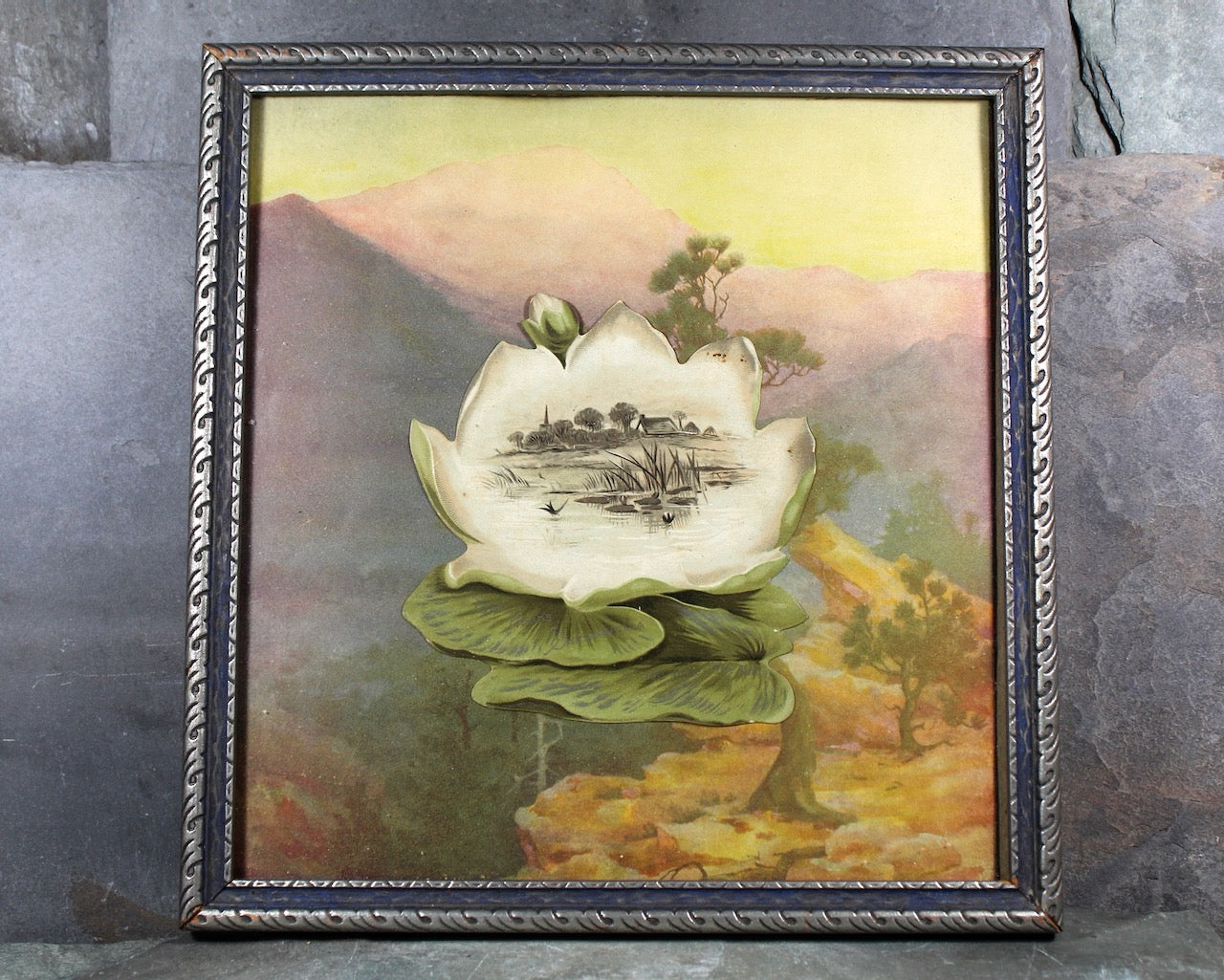 RARE! Antique Lotus Flour Trade Card Art | 1900s Hood Dairy Trade Card Mounted & Framed Under Glass | Bixley Shop