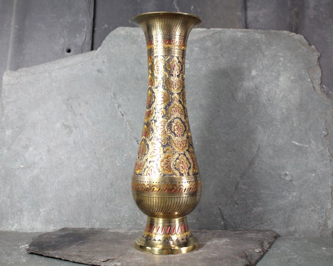 Vintage Etched Brass Vase | 9 3/4" Tall Indian Brass Vase | Floral Polished Brass | Bixley Shop