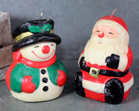 Vintage Sculpted Christmas Candle | Pair of Santa & Snowman Candles | Large 4 3/4" Holiday Candles | Bixley Shop