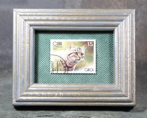 Vintage Caribbean Cat Stamp | Framed 2007 Stamp Art | Global Vintage Decor | Authentic Stamp Mounted and Framed