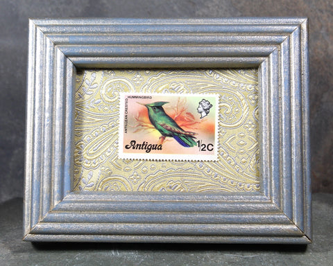 Vintage Antigua Hummingbird Stamp Art | Antillean Crested Hummingbird Stamp | Global Vintage Decor | Authentic Stamp Mounted & Framed