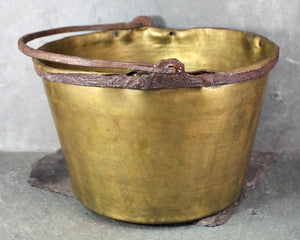 Antique Brass Pot | Apple Butter Kettle | 10" Brass Cauldron with Iron Handle | Circa 1900 | Antique Kitchen | Bixley Shop