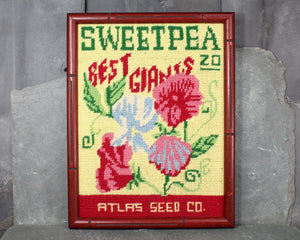 Vintage Framed Needlepoint | Sweet Pea Seed Packet Needlepoint | Bixley Shop