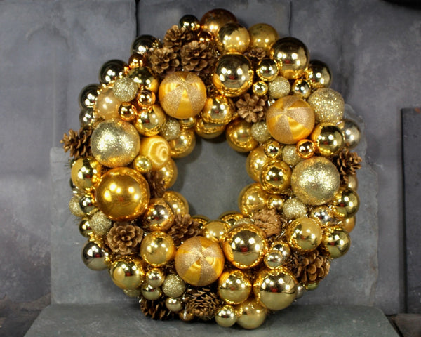 Christmas Gold Wreath | Hand-made Ornament Wreath | Gold Ornament & Pine Cone Wreath | Vintage Christmas | Bixley Shop