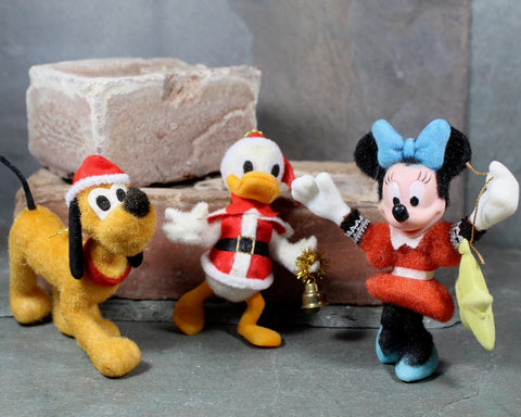 FOR DISNEY FANS! Set of 3 Classic Disney Christmas Ornaments | Flocked Minnie Mouse, Goofy, and Donald Duck | Circa 1980s | Bixley Shop