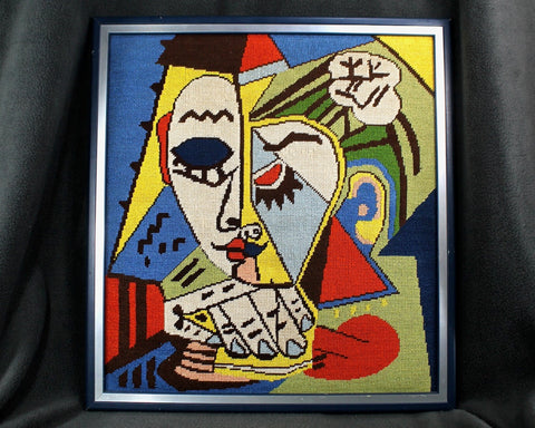 Vintage Framed "Picasso" Needlepoint | MCM Picasso Style Portrait Needlepoint | Bixley Shop