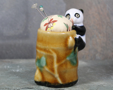 FOR PANDA LOVERS! Panda Upcycled Pin Cushion | Vintage Ceramic Panda Pin Cushion | Upcycled Quilter's Gift | Handmade by Bixley Shop