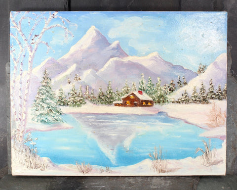 Original, Winter Landscape Oil Painting | Winterscape Cabin by the Lake | Unsigned | Unframed Original Art 16" x 12" | Bixley Shop