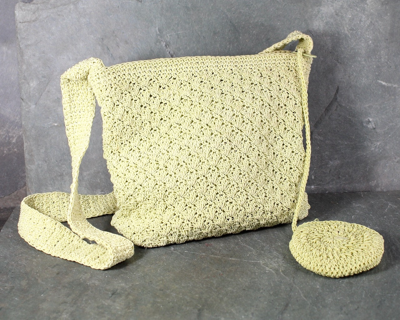 Fabulous Vintage Celery Green Woven Bag with Attached Coin Purse | Vintage Macrame Purse | Vintage Fashionista Gift | BoHo Chic Shoulder Bag | Bixley Shop