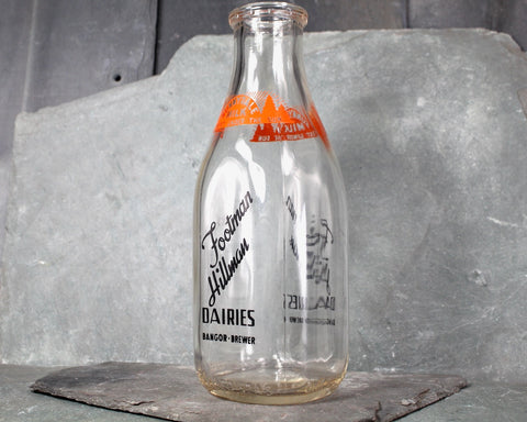 Antique 1 Quart Glass Milk Bottle | Footman Hillman Dairies Bangor Brewer | Vintage Kitchen Decor | Sunnydale Milk | Bixley Shop