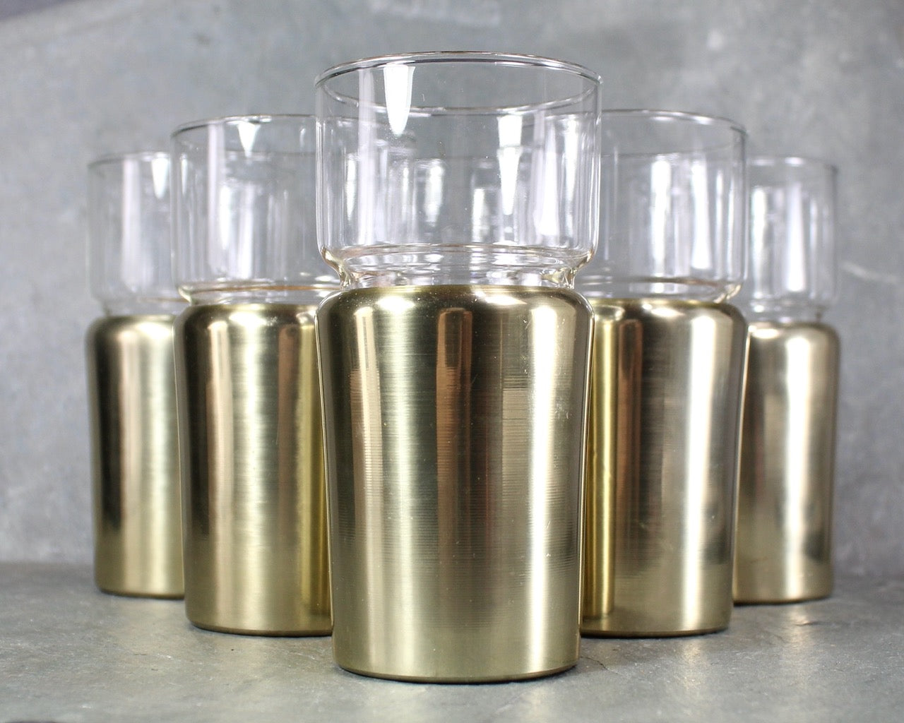 Set of 6 Hellerware Tumblers in Cork Lined Sleeves with Gold Tone | MCM Gold Toned Aluminum | 10 Oz Glasses | Bixley Shop