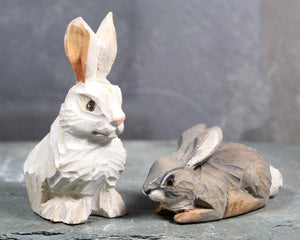 FOR BUNNY LOVERS! Set of 2 Carved Wooden Bunnies | White & Gray Easter Bunny Figurines | Folk Art Bunnies | Bixley Shop