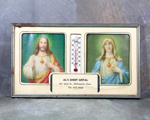 RARE! 1940s Promotional Thermometer | Jesus and Mary Wall Art | Al's Sheet Metal, Willimantic, CT | Religious Promotional Ephemera