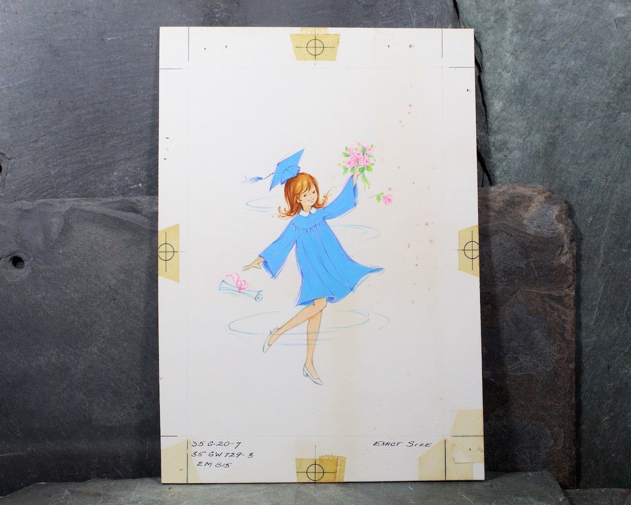 VERY RARE! ORIGINAL Gouache Painting by Artist Fran Ju | 1960s Original Rust Craft Greeting Card Art | Graduation Gift