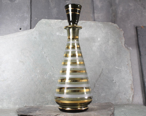 MCM Striped Decanter with Glass Stopper | Gold and Grey Striped Decanter | Vintage Barware | 20 Ounce Decanter | Bixley Shop