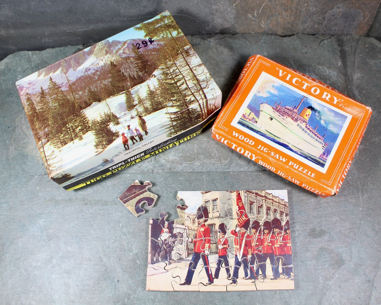 Set of 3 Vintage Puzzles | 2 Wooden, 1 Cardboard Small Scale Puzzles | Ocean Liner, Snowy Landscape, & Military Parade Themes | Bixley Shop