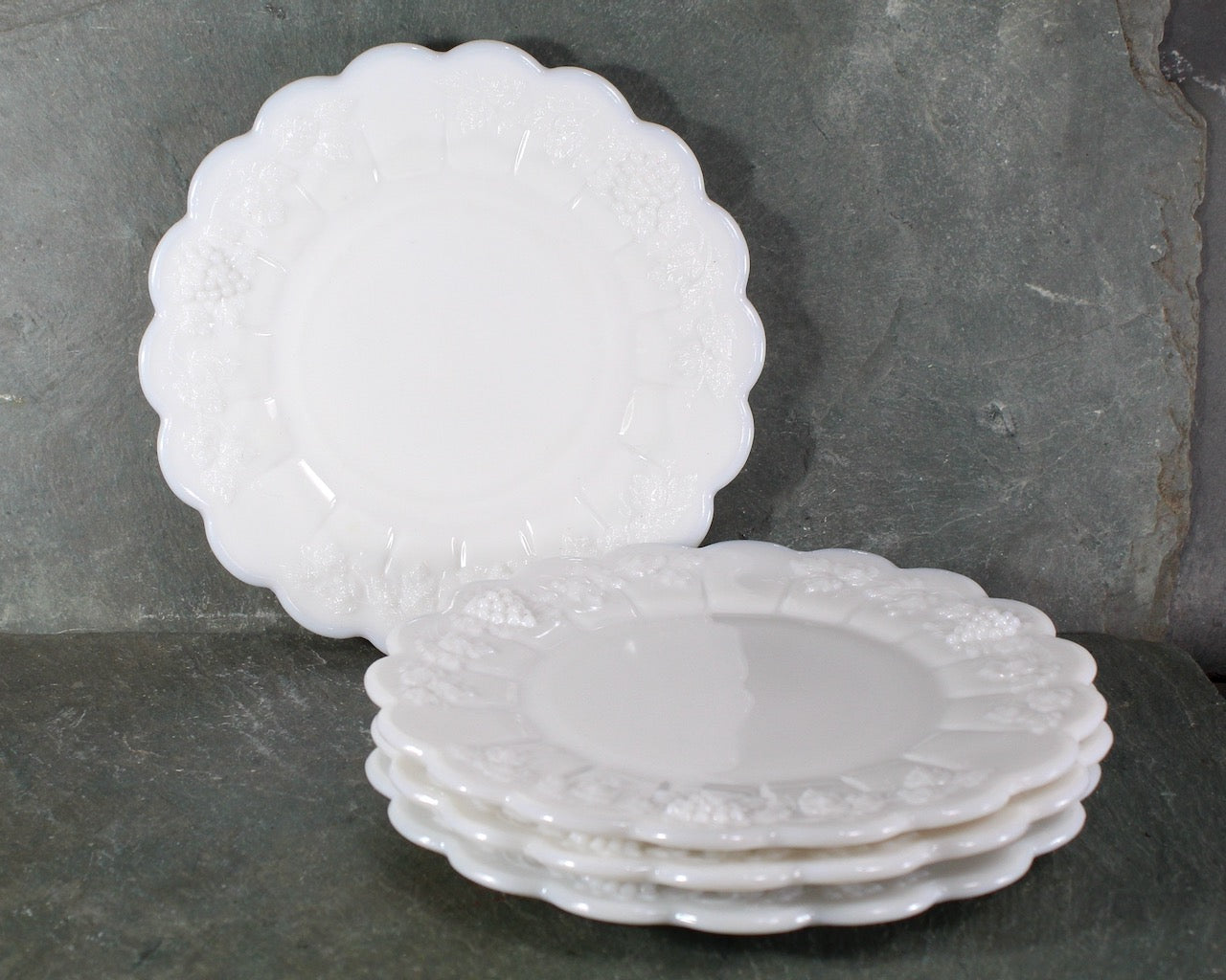 Set of 4 Westmoreland Paneled Grape Milk Glass Dessert Plates | 8 1/2" Dessert Plates | Vintage Milk Glass | Bixley Shop