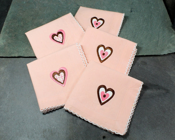 Set of 5 Vintage Peachy Pink Cotton Handkerchiefs/Napkins with Embroidered Hearts | Vintage Wedding | Vintage Valentine's Day | Bixley Shop