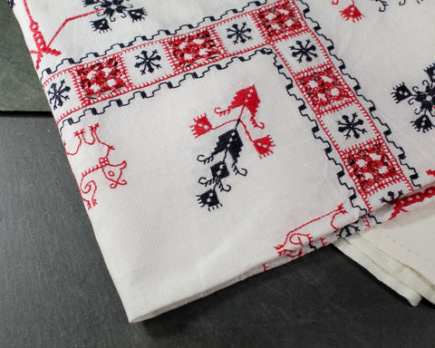 Vintage Linen Tablecloth 40" Square | Hand Embroidered Black & Red on White LinenTable Cloth | Bixley Shop