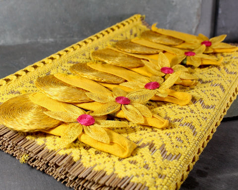 Vintage Mid Century Rattan Woven Table Runner with Coordinating Napkins & Coasters | MCM Runner 62"x16" | Bold Yellow Linens | Bixley Shop