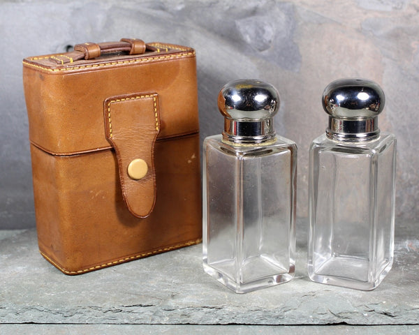 Antique Set of Perfume Bottles in Leather Travel Box | Abercrombie & Fitch Bottles with Glass Stoppers and Screw Top Lids | Bixley Shop