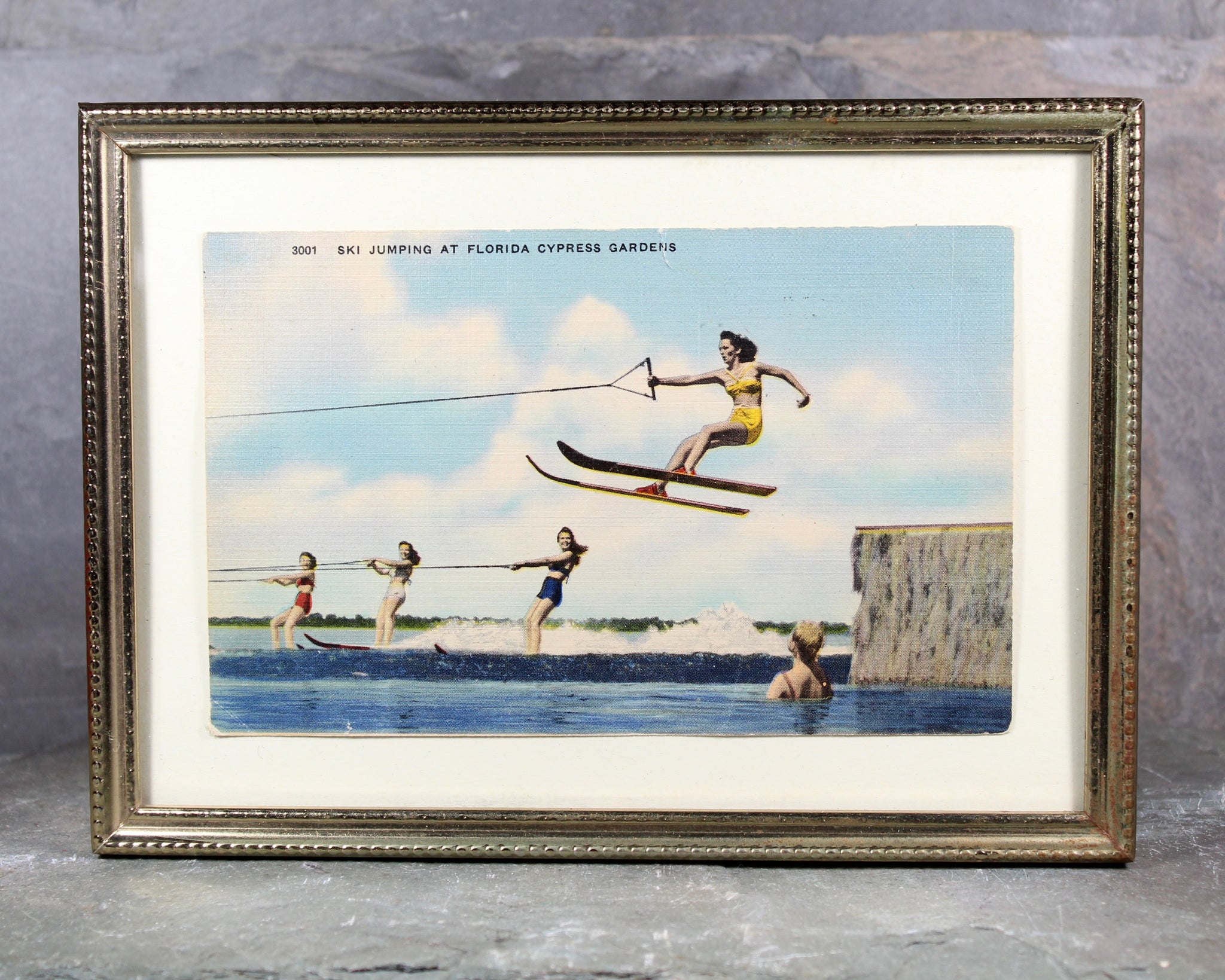 Cypress Gardens Postcard Mounted and Framed | Unused Vintage Postcard Florida Water Skiing | Mounted Under Glass 5"x7" | Bixley Shop