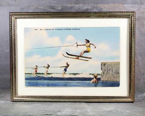 Cypress Gardens Postcard Mounted and Framed | Unused Vintage Postcard Florida Water Skiing | Mounted Under Glass 5"x7" | Bixley Shop