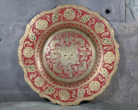 Vintage Enameled Brass Plate | Decorative Brass Small Plate | Red Enamel Design on Brass 7" Plate | Bixley Shop