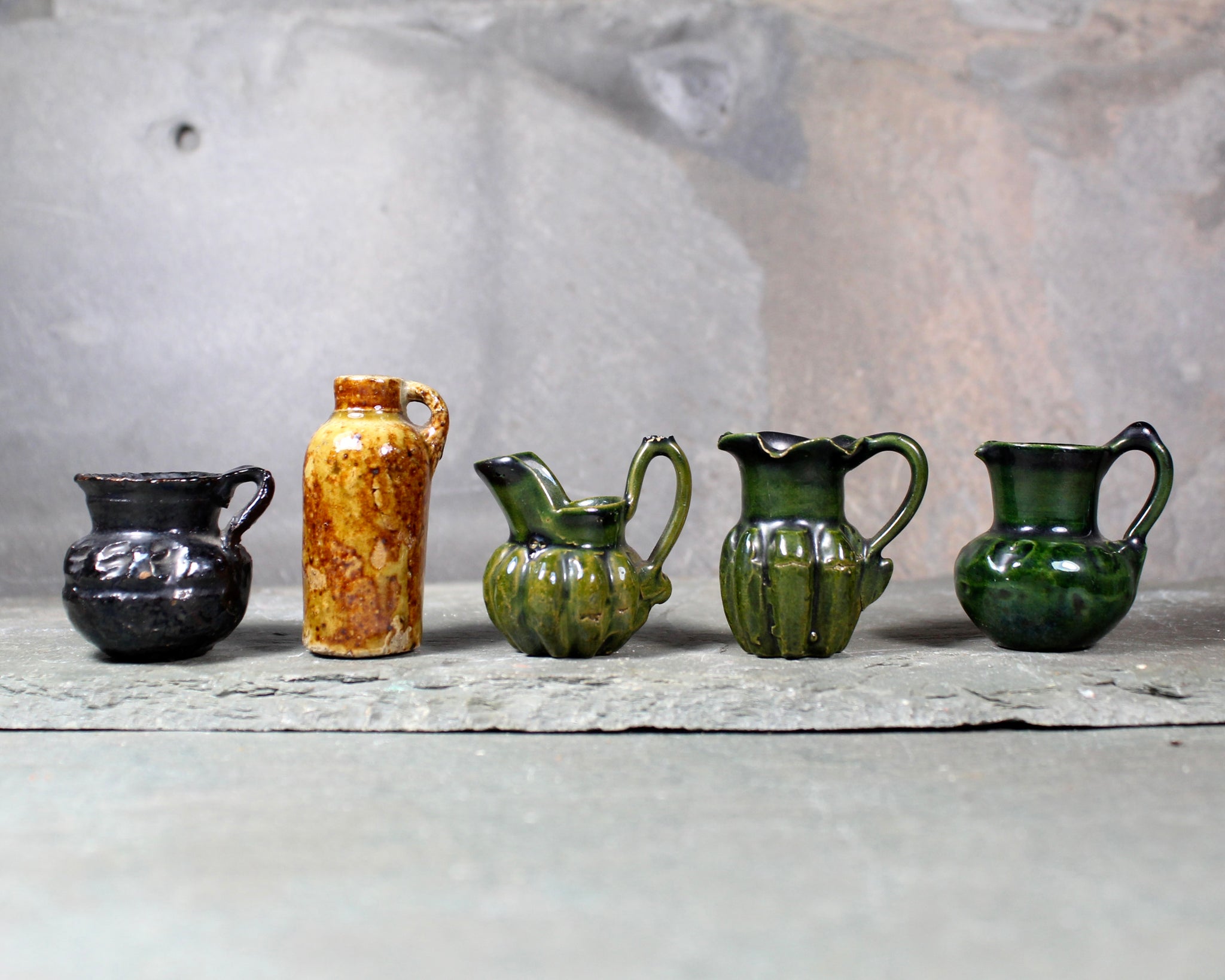 RARE! Antique Dollhouse Pottery Pitchers Set of 5 | Hand Thrown Collection of Miniature Pitchers Hand Glazed | Bixley Shop