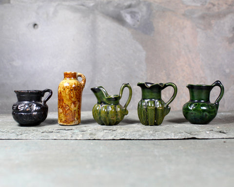 RARE! Antique Dollhouse Pottery Pitchers Set of 5 | Hand Thrown Collection of Miniature Pitchers Hand Glazed | Bixley Shop