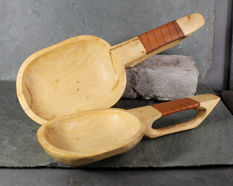 Set of 2 Hand Carved Scoops/Spoons | Folk Art Wooden Scoops with Leather Accent | Sauna Scoops | Bixley Shop