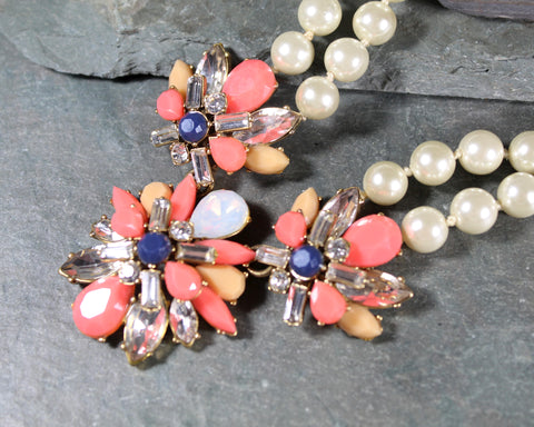 JCrew Double Strand Chunky Necklace | Double Strand Pearls with Salmon & Peach Stones | 18-20" Chunky Bib Statement Necklace | Bixley Shop